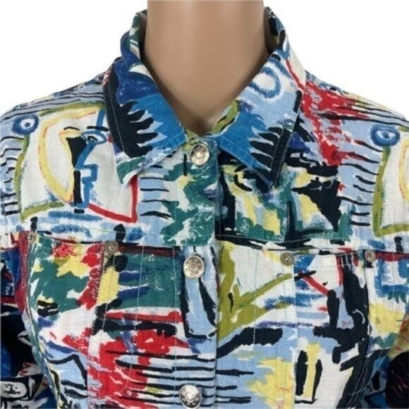 Kaktus Blazer Colorful Artwork Print Linen blend 3/4 sleeve collared size medium - Picture 2 of 12